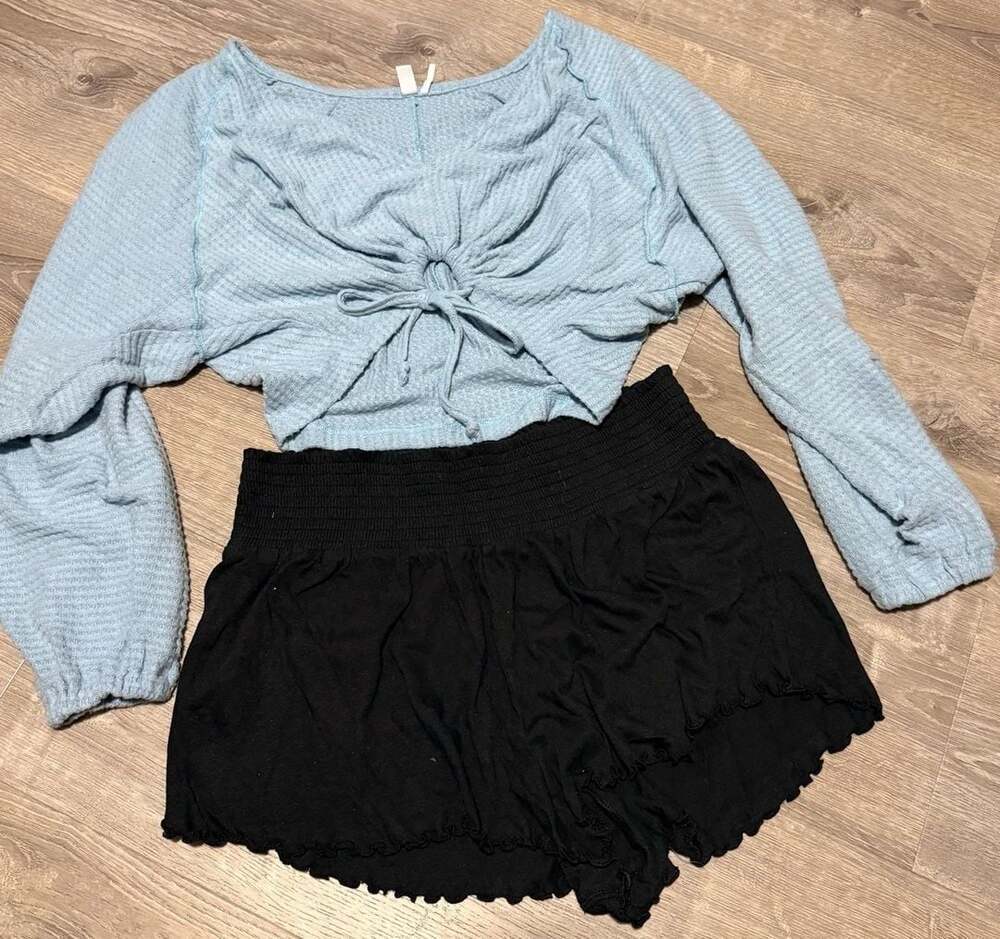 Urban Outfitters Out From Under Blue Waffle Knit Cinched Top & Black Shorts Set